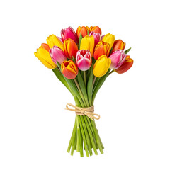A vibrant bouquet of colorful tulips isolated on transparent background this arrangement features a mix of yellow, orange, pink, and red tulips, tied together with a rustic twine, perfect for a spring