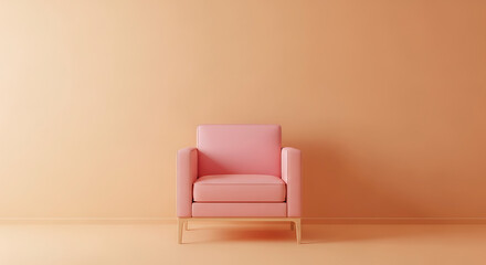 A chic pink armchair in a minimalist setting with peach walls