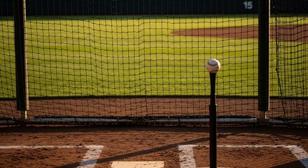 Baseball on Tee in Front of Net.