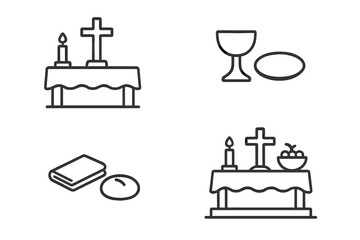 Altar Setup Icons. Line style icons of altar setup: altar table, linen cloth, cross centerpiece, candle on side; cup and plate set