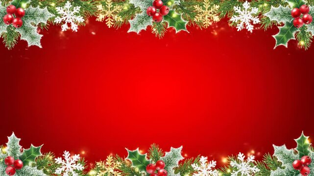 Festive Christmas Border on Red Background - A vibrant red background is framed by a lush Christmas border featuring holly, pine branches, snowflakes, and glittering lights.