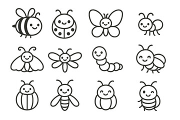 Cute Insect Icons. Line style icons of cute insects for UI: smiley bee, rounded ladybug, soft-wing butterfly, tiny ant; curved
