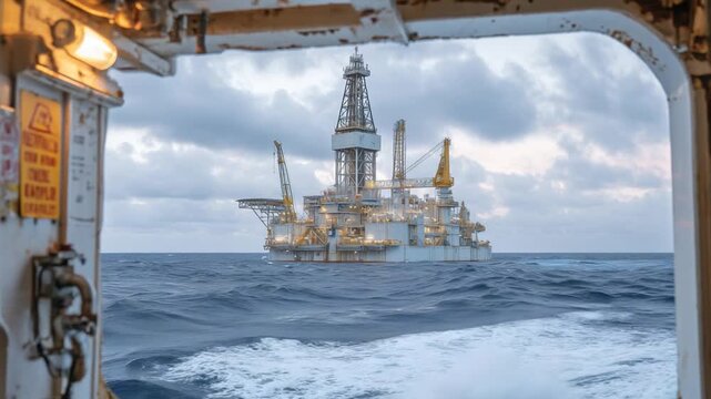 A stunning offshore vessel deck view captures a life buoy, safety signs, and a massive drilling rig under a cloudy sky, with sea spray mist blurring the horizon.