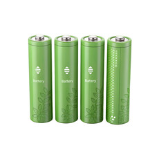 Four green cylindrical batteries isolated on transparent background