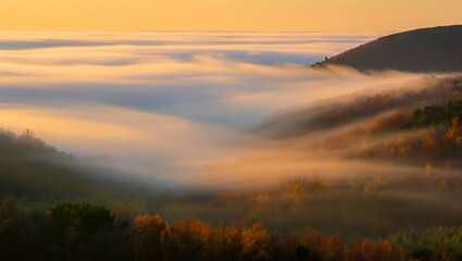 Fototapeta premium Golden hour sunlight illuminates rolling hills blanketed in a thick layer of fog during autumn