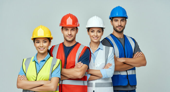 Diverse group of industry workers in hard hats and safety vests standing confidently