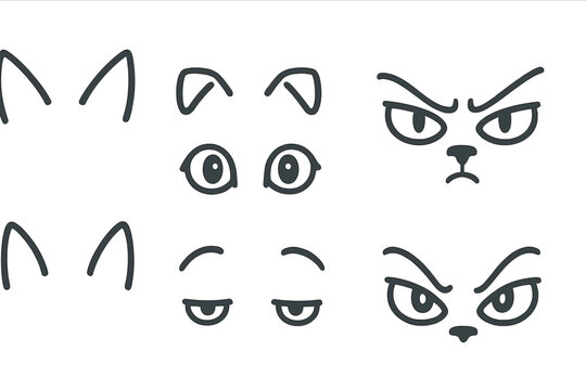 Wild Cat Icons. Line style icons of wild cat ears and eyes: pointed cat ears, folded ears, big cat eyes, squinting wild cat; alert