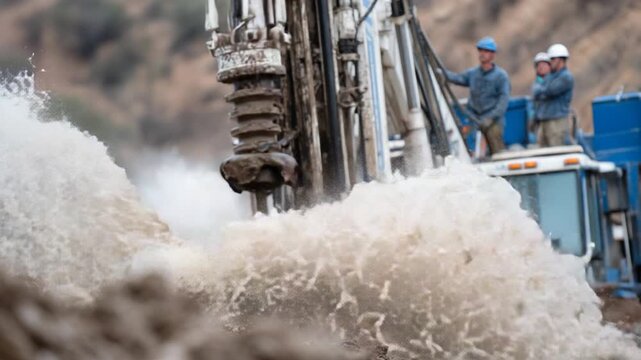 Dynamic image of drilling machinery excavating soil and rock with muddy water from an artesian well, as construction workers monitor the operation.