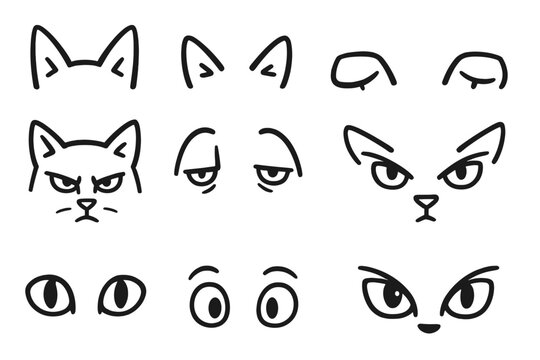 Wild Cat Icons. Line style icons of wild cat ears and eyes: pointed cat ears, folded ears, big cat eyes, squinting wild cat; alert
