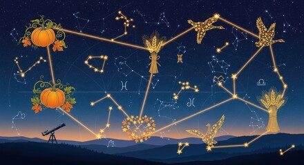 Fototapeta premium Constellations of harvest symbols including pumpkins and wheat in a starry night sky