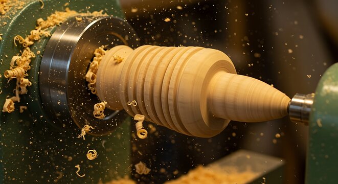 Woodturning process with wood shavings flying from lathe woodworking wood chips
