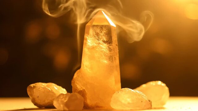 Citrine Crystal Tower and Incense Smoke - A large citrine crystal point tower sits surrounded by smaller raw crystals, with incense smoke rising from its peak.