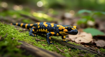 Fototapeta premium Captivating fire salamander amidst vibrant green moss in serene forest environment