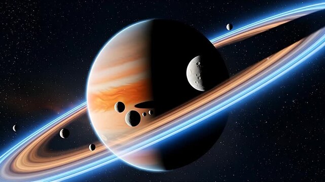 Saturn with rings and moons, digital art, space exploration.