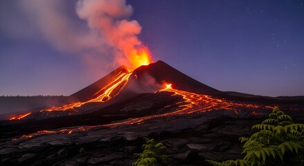 Volcano eruption lava flow scenic landscape natural disaster geological activity volcanic mountain night sky