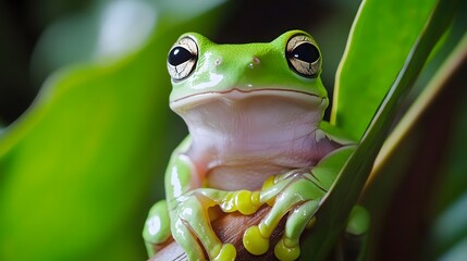Bright Green Tree Frog with Yellow Feet on a Branch Surrounded by Leaves amphibian photo