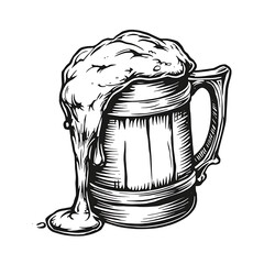 Black and white vector illustration of a medieval beer mug, slightly tilted to the left. The mug is filled with abundant foam, overflowing and spilling down the left side. Engraving-style, clean lines