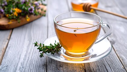 Clear teacup filled with warm amber liquid, thyme sprigs, honey