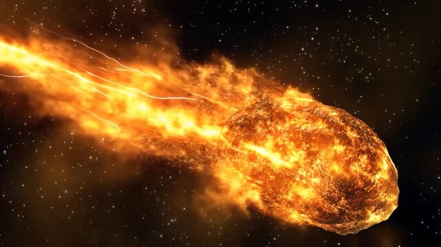 Fiery space rock hurtling through starry void