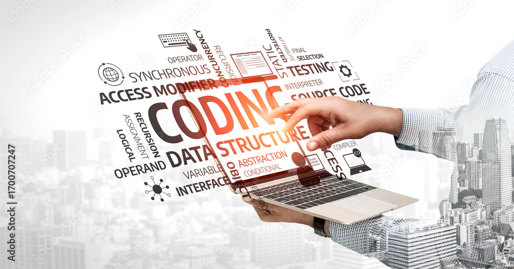 Poster a close-up of a hand interacting with a laptop, showcasing a creative coding concept against a techn