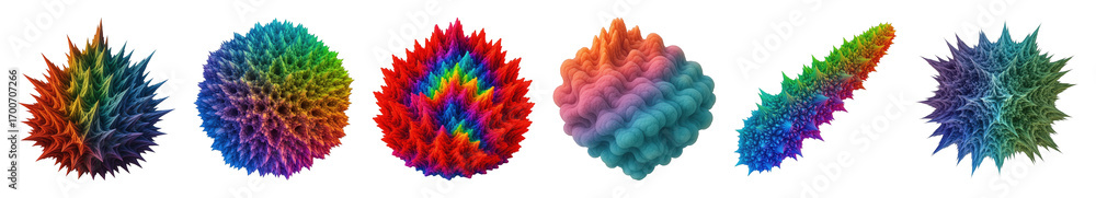 Aufkleber rainbow colored abstract 3d shapes set including spiky and bumpy forms isolated. modern design and d