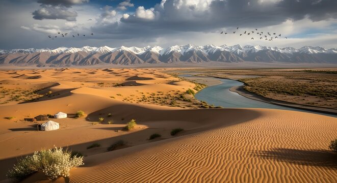 Explore desert landscape with river and snow capped mountains in background travel photography