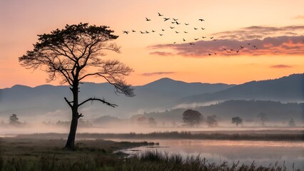 lonely tree sunset reflection birds flying misty