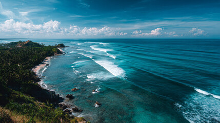 "Ocean view from elevated point with clear blue sky and calm sea in the background