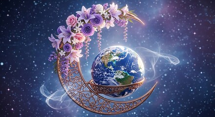 Celestial embrace: Floral moon cradling the earth amidst a starry cosmic backdrop