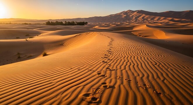 Explore the sahara desert: golden sand dunes, footprints, and scenic landscape photography at sunset