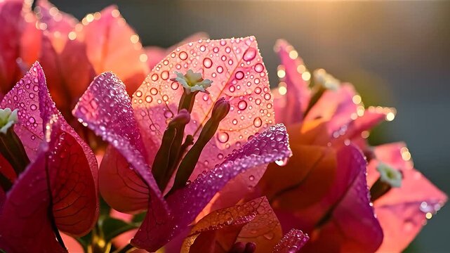 Close-up of vibrant pink bougainvillea flowers covered in glistening water droplets.