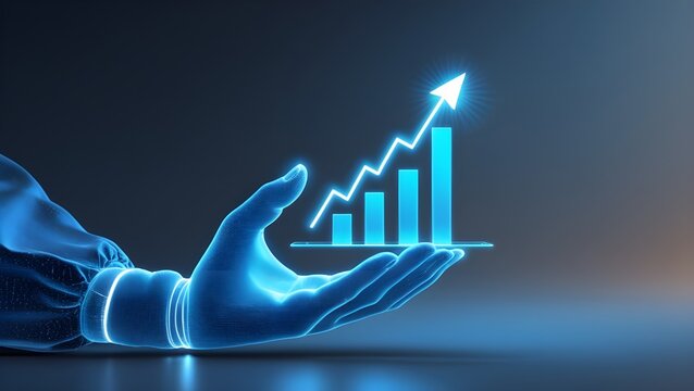 Futuristic Hologram Hand Holding Growth Bar Chart - Powered by Adobe