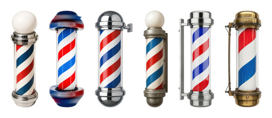 Barber poles set including classic, spinning, and vintage styles isolated. Traditional shop signage collection.