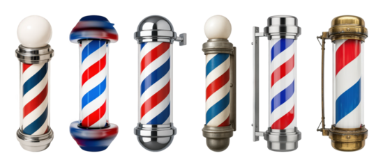 Barber poles set including classic, spinning, and vintage styles isolated. Traditional shop signage collection.