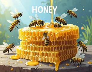 Honeycomb with bees, honey dripping.  Vibrant illustration of honeycombs with bees flying around, honey pouring onto them.  Outdoor setting, sunny day