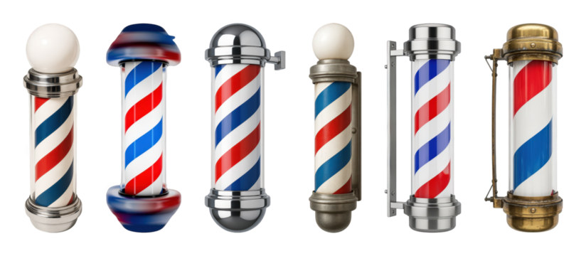 Barber poles set including classic, spinning, and vintage styles isolated. Traditional shop signage collection.