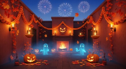 Fototapeta premium Halloween decorated room with pumpkins, ghosts, candles, and fireworks in the night sky