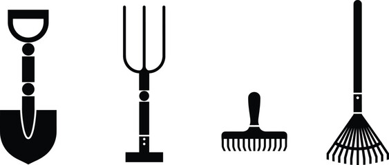 Black silhouette vector of shovel, pitchfork, rake, and garden tools in simple geometric design, farming equipment illustration for agriculture, gardening, landscaping, and soil work