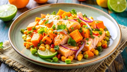 Salmon salad with sweet potato corn and lime dressing on a rustic plate.