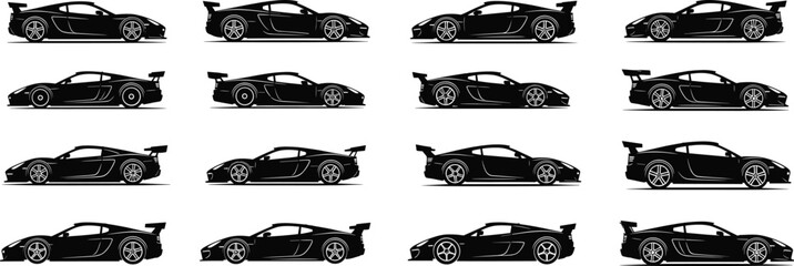 Collection of black sports car silhouettes vector set showing side profile of modern luxury vehicles with aerodynamic design, racing style, and detailed wheels