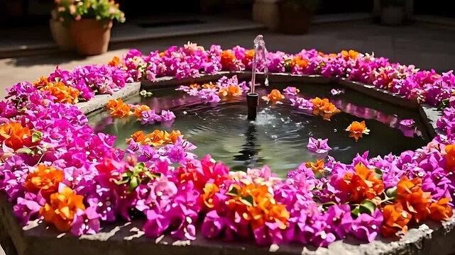 A beautiful octagonal fountain adorned with vibrant pink and orange flowers, with water gently flowing.