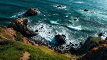 Scenic view of the ocean from the top of a grassy hill under clear blue sky