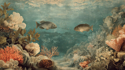 Vintage underwater illustration with retro fish and coral reef, decorative ocean-themed artwork