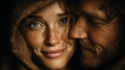 Fototapeta premium Intimate Moment Between Two People with Freckles and Warm Smiles in Soft Lighting