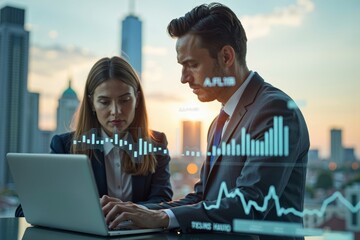 Man and Woman in Suits Examining Stock Market Trends in Double Exposure Photo with City Skyscrapers Background