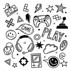 Vector video game hand drawn doodle set. Video gamer console, joystick, controller ellement. Perfect for video game-themed project.