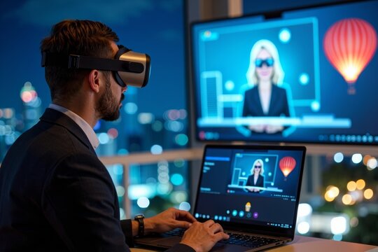 - Embracing Virtual Reality for a Business Webinar on a Tropical Beach and Holographic Business Presenters on City Skylines