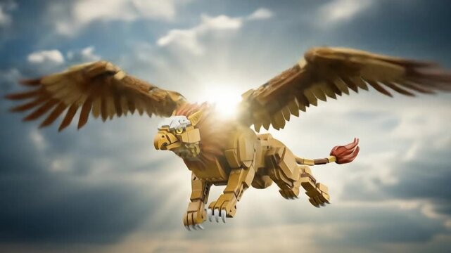 Mechanical griffin soars through clouds
