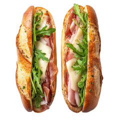 Two sandwiches with ham and cheese and spinach