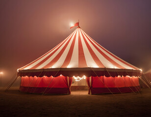 A red and white circus tent stands illuminated by dim lights in a foggy, eerie night. circus tent top view, circus tent illuminated at night
